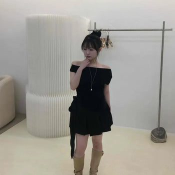 Shirred Ribbon Zipper A-Line Flare Mini Skirt
