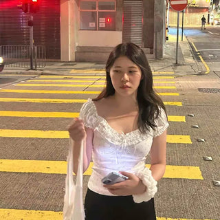 Frill Shirred Flower Fitted Daily Short Sleeve T-shirt
