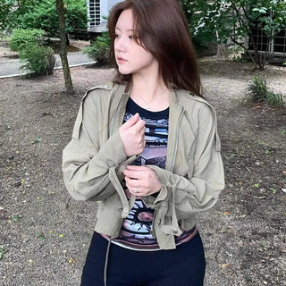 Plain Zip-Up Loose Fit Long Sleeve Field Jacket