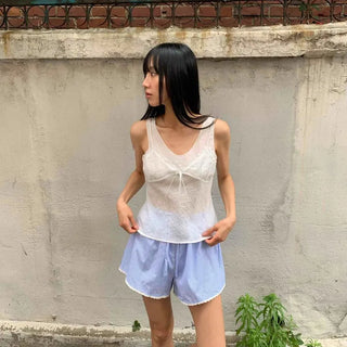 Relaxed Fit Shirred Ribbon Strap Sleeveless Blouse