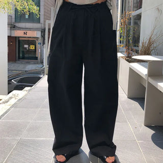 Calf Women's Elastic Waist Summer Wide Loose Fit Long String Cotton Nylon Pants