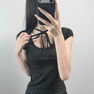 Ribbon Strap Slim Fit Dot Short Sleeve T-shirt