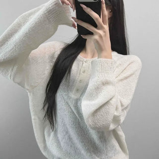 Henley Neck Button Loose Fit Plain Long Sleeve T-shirt