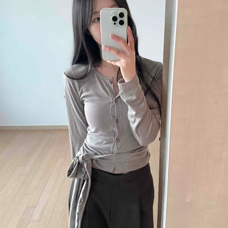 Button Ribbon Wrap Plain Slim Fit Long Sleeve T-shirt