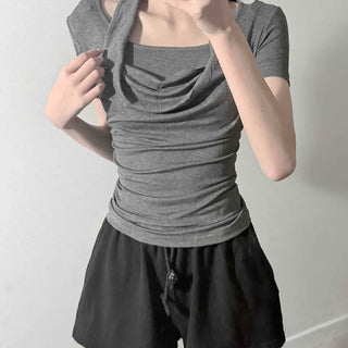 Shirred Slim Fit Plain Sporty Short Sleeve T-shirt