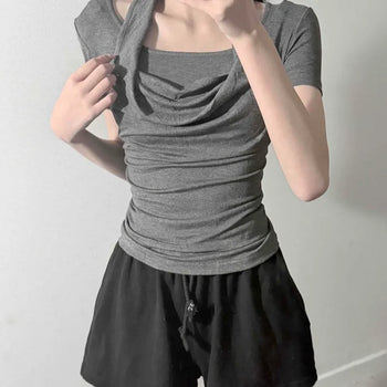 Shirred Slim Fit Plain Sporty Short Sleeve T-shirt