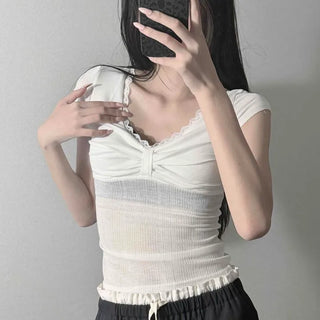 Shirred Frill Ribbon Slim Fit Plain Short Sleeve T-shirt