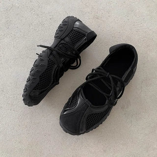 ◈MeshMary Jane Sneakers Airy Fit Platform Height-Increasing Summer Casual Lace-up Strap Athletic Shoes