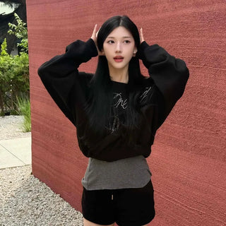 String Shirred Oversized Lettering Long Sleeve Sweatshirt