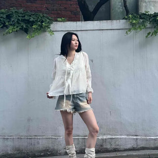 Reu Frill Shirring Pintuck Button Loose Fit Long Sleeve Blouse