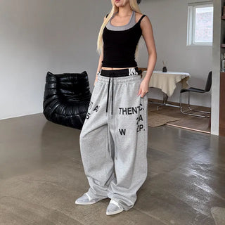 Unique Three-Stripe Layered Lettering Wide Pants