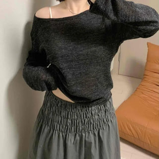Off-shoulder Plain Dolman Sleeve Loose Fit Daily Long Sleeve T-shirt