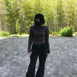 Slim Fit Plain Off-Shoulder Daily Long-Sleeve T-Shirt