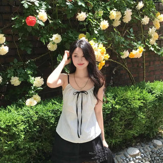 Loose-fit Striped Ribbon Button A-line Sleeveless