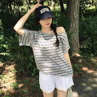 Loose Fit Oversized Striped Daily Short Sleeve T-shirt