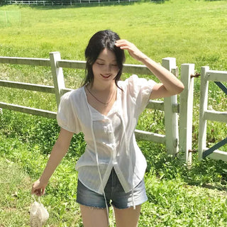 Loose-fit Striped Ribbon Shirred Short-sleeve Blouse