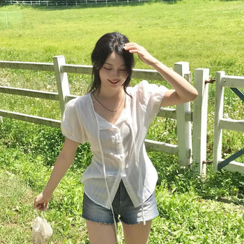 Loose-fit Striped Ribbon Shirred Short-sleeve Blouse