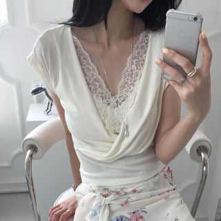 Lace Short Sleeve V-Neck Drape Cap Sleeve Shirred Tencel T-Shirt