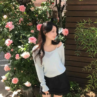 Loose Fit Plain Off-Shoulder Long Sleeve Daily