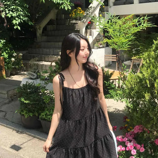 Dot Ribbon Shirred Tiered A-Line Sleeveless Mini Dress