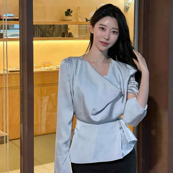 Ribbon Zipper Wrap Plain Long Sleeve Blouse