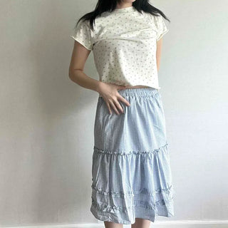 Frill Gingham Check Tiered A-Line Midi Skirt