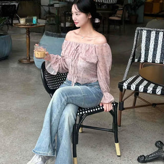 Reve Shirred Frill Ribbon Flower Long Sleeve Blouse
