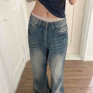 Washed Button Wide Loose Fit Casual Long Pants