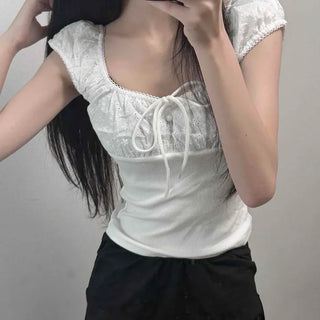 Strap Shirred Eyelet Ribbon Cap Sleeve Slim Fit Blouse
