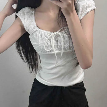 Strap Shirred Eyelet Ribbon Cap Sleeve Slim Fit Blouse