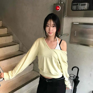 Loose Fit Plain Off-Shoulder Daily Long Sleeve Hoodie