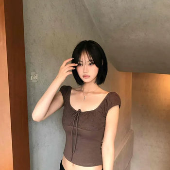 Slim Fit Shirred Ribbon Eyelet Cap Sleeve Blouse