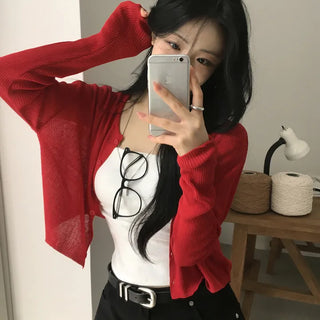 Linen Summer Ribbed See-Through Round Cropped Long Sleeve Knit Cardigan, Perfect for Lightly Throwing On