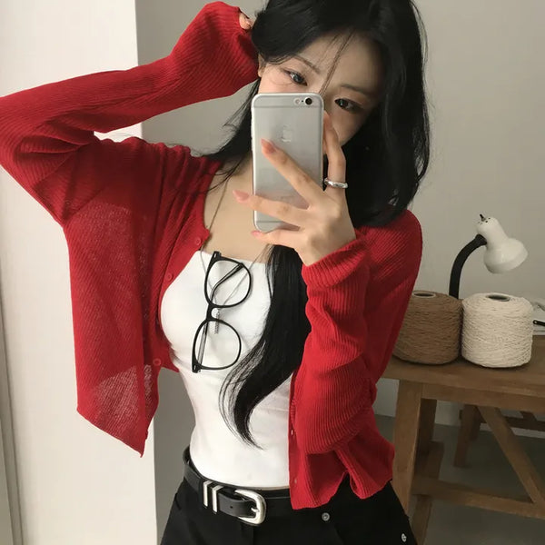 Linen Summer Ribbed See-Through Round Cropped Long Sleeve Knit Cardigan, Perfect for Lightly Throwing On