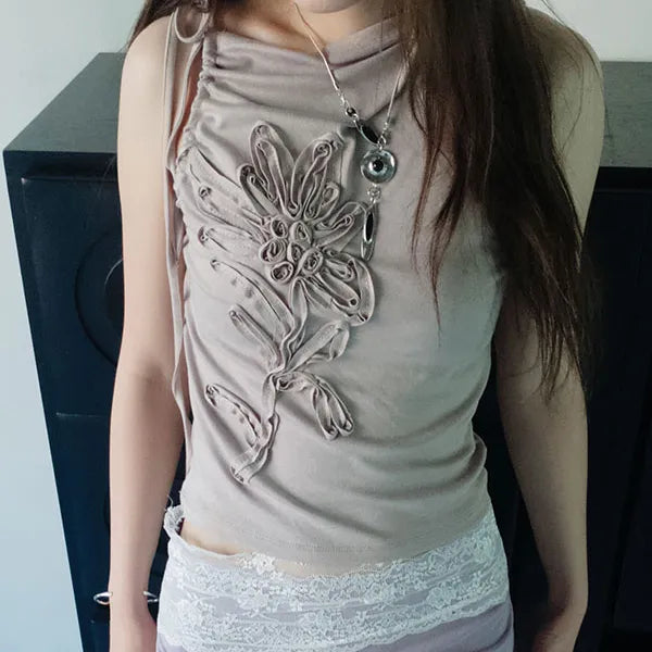 Flower Applique String Sleeveless Top 3 Colors