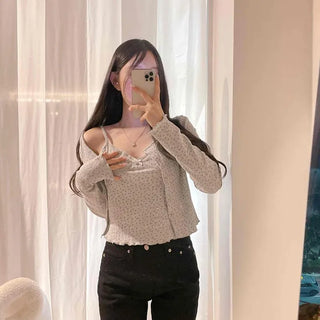 Off-shoulder Shirred Frill Slim Fit Dot Long Sleeve Two-Piece Set