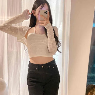 Shirred String Flower Long Sleeve Two-Piece Set