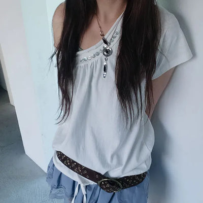 Mother-of-Pearl Button Balloon Loose Fit Round Neck One-Shoulder Half Sleeve T-Shirt