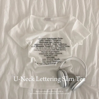 Soft, U-Neck Lettering Slim Delicate Fit Short Sleeve T-shirt