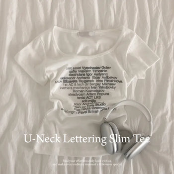 Soft, U-Neck Lettering Slim Delicate Fit Short Sleeve T-shirt