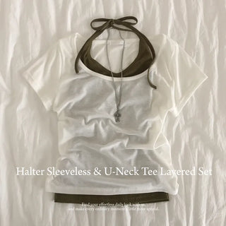 Effortless chic, Halter Neck Strap Ribbed Slit Slim Fit Sleeveless Top + U-Neck Plain Delicate Fit Short Sleeve T-shirt Layering Set