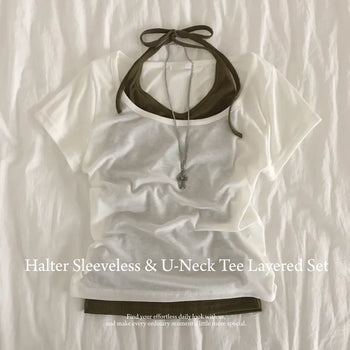 Effortless chic, Halter Neck Strap Ribbed Slit Slim Fit Sleeveless Top + U-Neck Plain Delicate Fit Short Sleeve T-shirt Layering Set