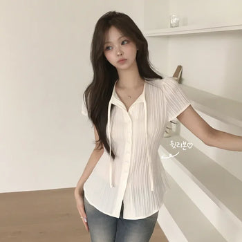 Slimming Delicate Fit, Wrinkle Summer Strap Back Ribbon Slimming Delicate Fit Short Sleeve Blouse