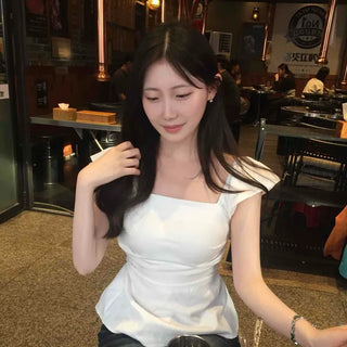 Fitted Plain Shirred Frill Ribbon Backless Cap Sleeve Blouse