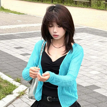 Slim Fit Plain Button See-through Long Sleeve Cardigan