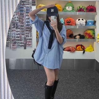 Button Stripe Button-Down H-Line Long Sleeve Mini Dress