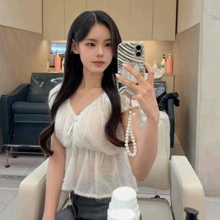 Ribbon Plain Short Sleeve Daily Blouse
