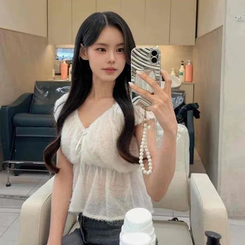 Ribbon Plain Short Sleeve Daily Blouse