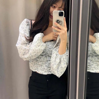 Shirred Frill Flower Long Sleeve Daily Blouse