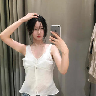 Shirred Button Strap Plain Sleeveless Blouse